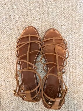 Tory Burch Cognac Leather Strappy Gladiator Sandals